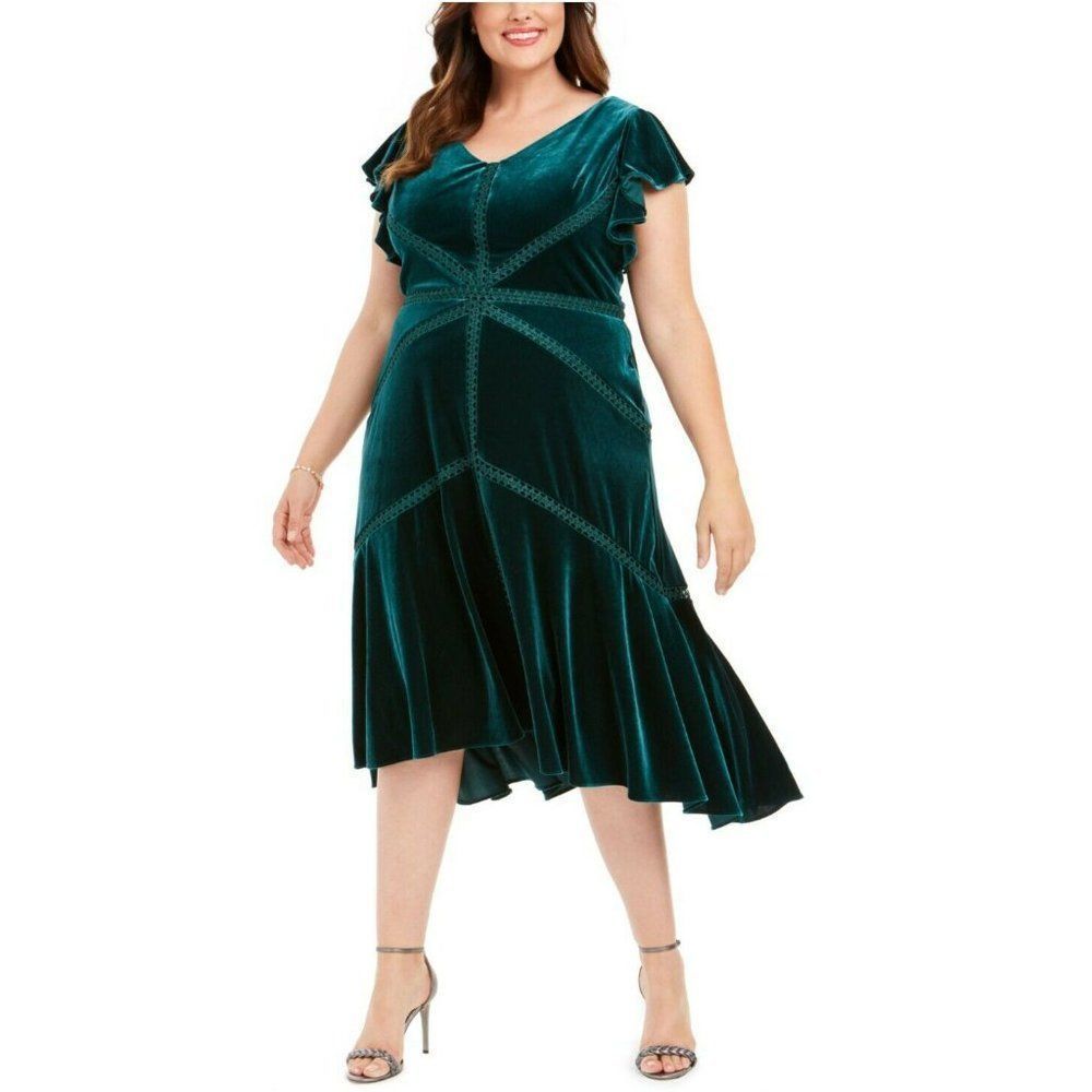 Taylor Women Plus Flutter Sleeve Velvet A Line Dress Spruce Green 20W Nwt